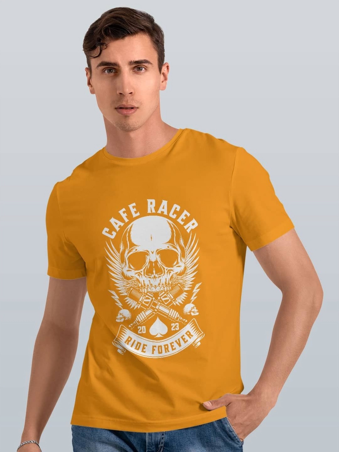 

macmerise Men Typography Printed Applique T-shirt, Yellow