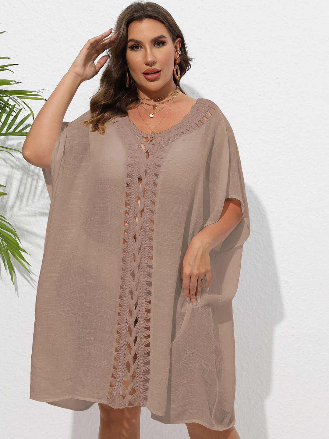 

LULU & SKY Self Design Swimwear Coverup Top, Brown