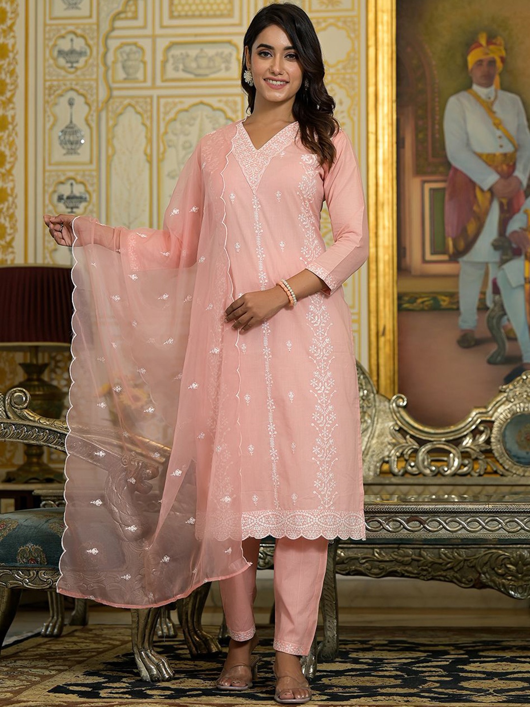 

Varanga Women Floral Embroidered Regular Pure Cotton Kurta with Trousers & With Dupatta, Peach