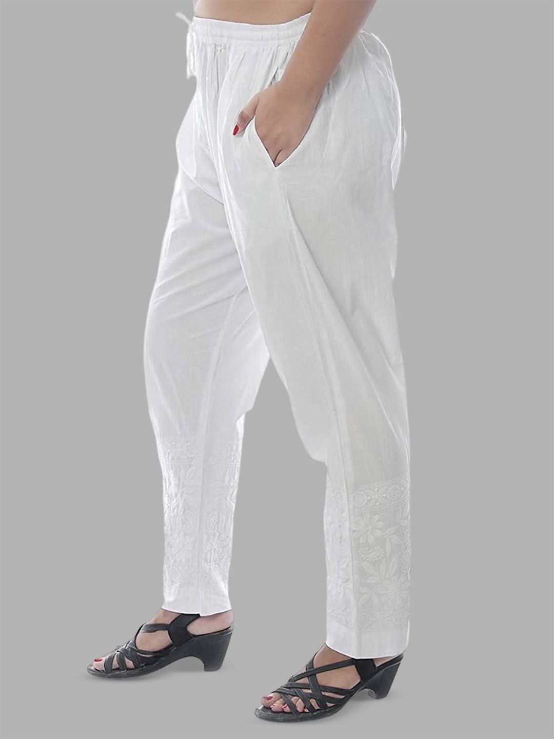 

KHAKA Women Embroidered Cotton Cigarette Trousers, White