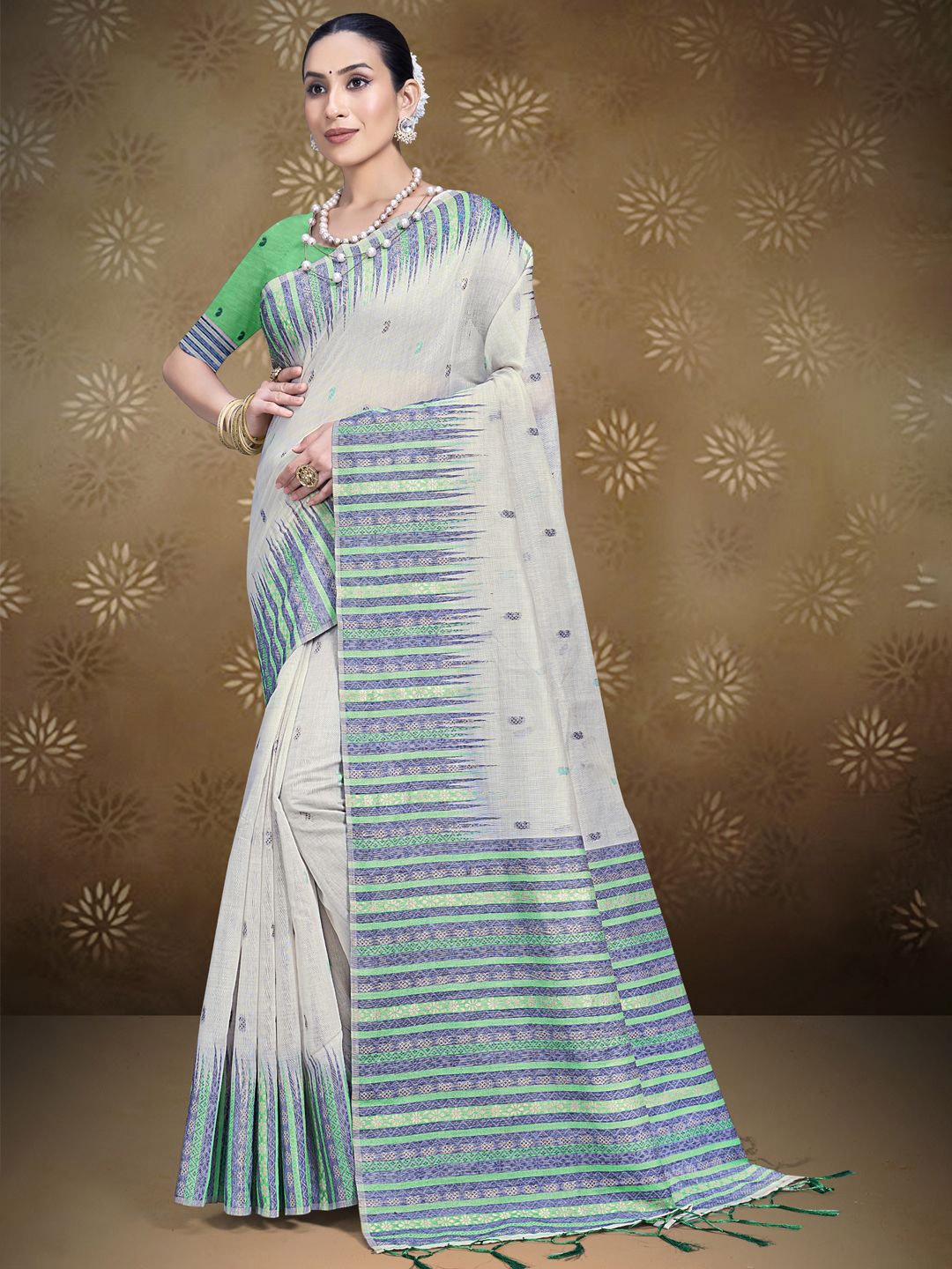 

SANGAM PRINTS Woven Design Zari Tussar Saree, Cream