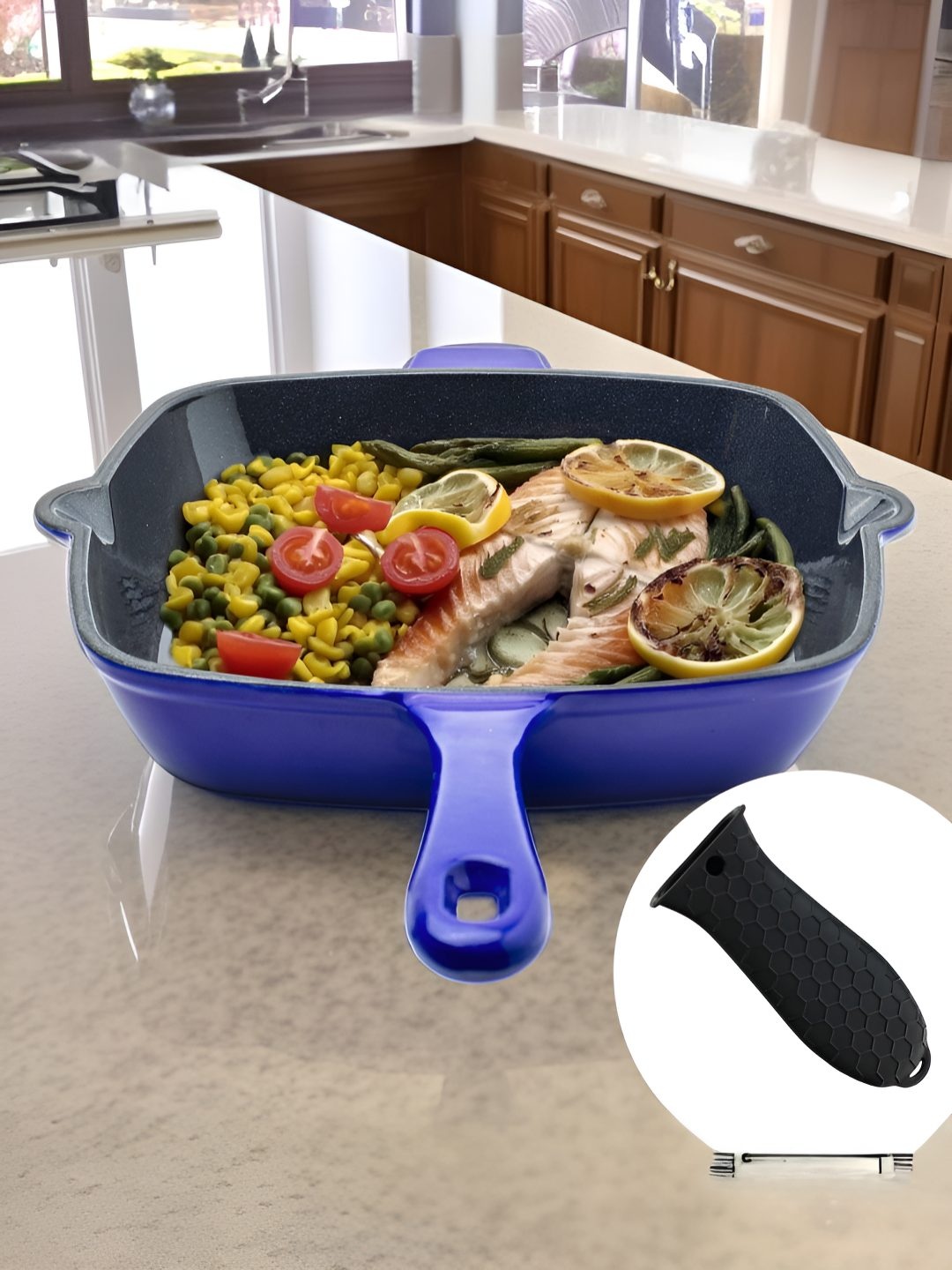 

UMAI Blue & Black Enamel Coated Cast Iron Non Stick Grill Pan With Sleeves
