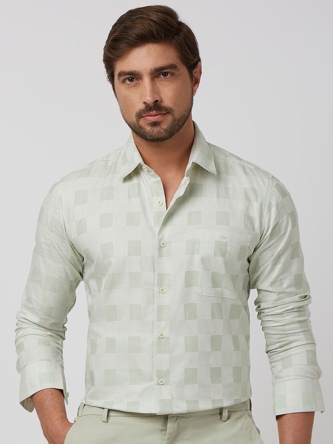 

Mufti Men Spread Collar Checked Cotton Slim Fit Casual Shirt, Green