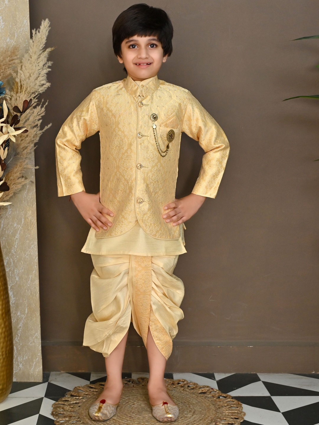 

BT DEZINES Boys Embroidered Sherwani With Kurta Pants & Dhoti, Cream