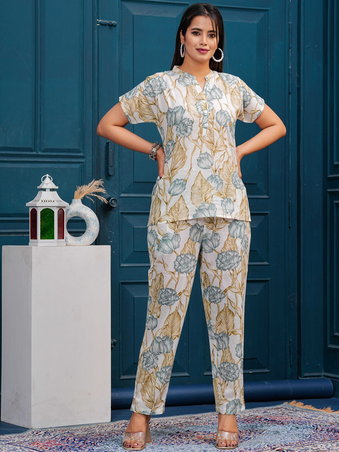 

SIDDHANAM Printed Pure Cotton Top With Trousers, Off white