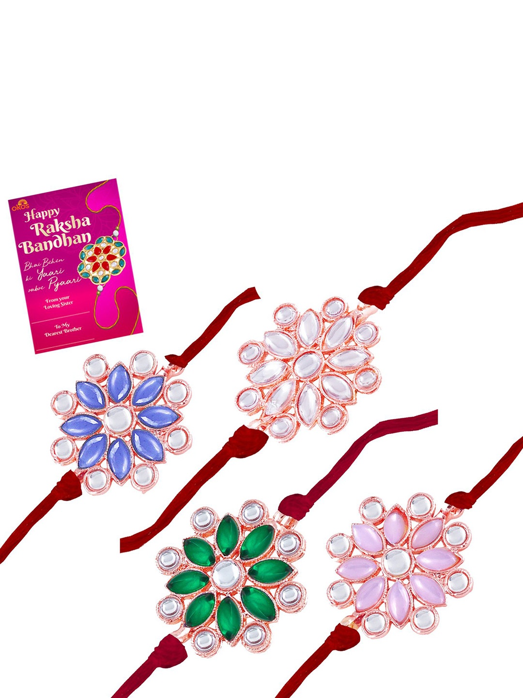 

Okos Set of 4 Rose Gold Plated Floral Thread Rakhis