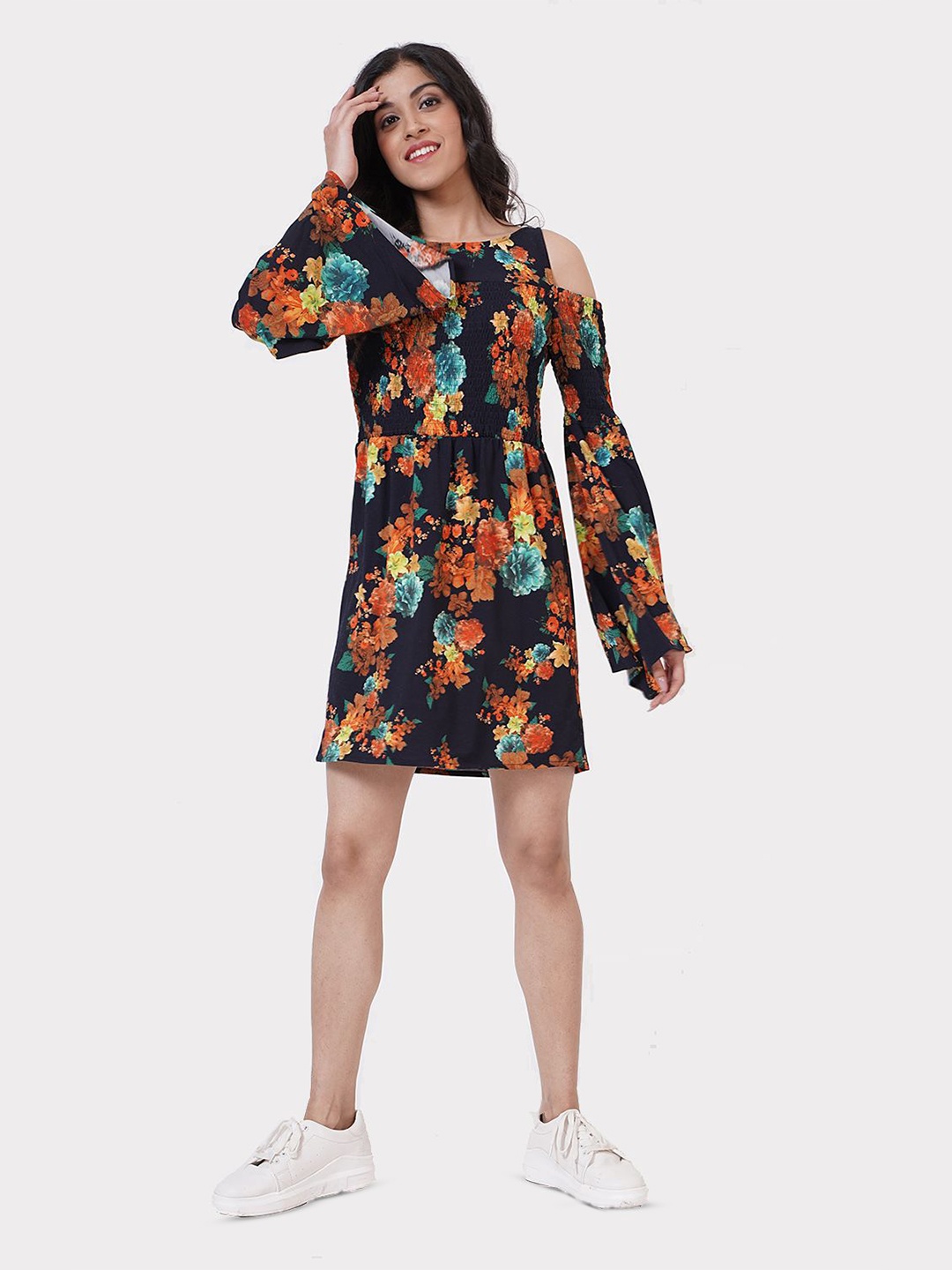 

SHECZZAR Women Floral Print Cold-Shoulder Sheath Mini Dress, Navy blue
