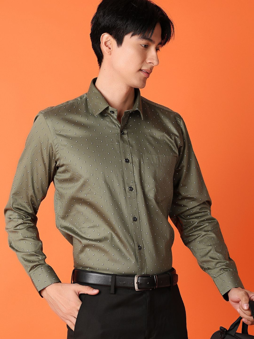 

V-Mart Men Classic Spread Collar Micro Ditsy Printed Satin Formal Shirt, Olive