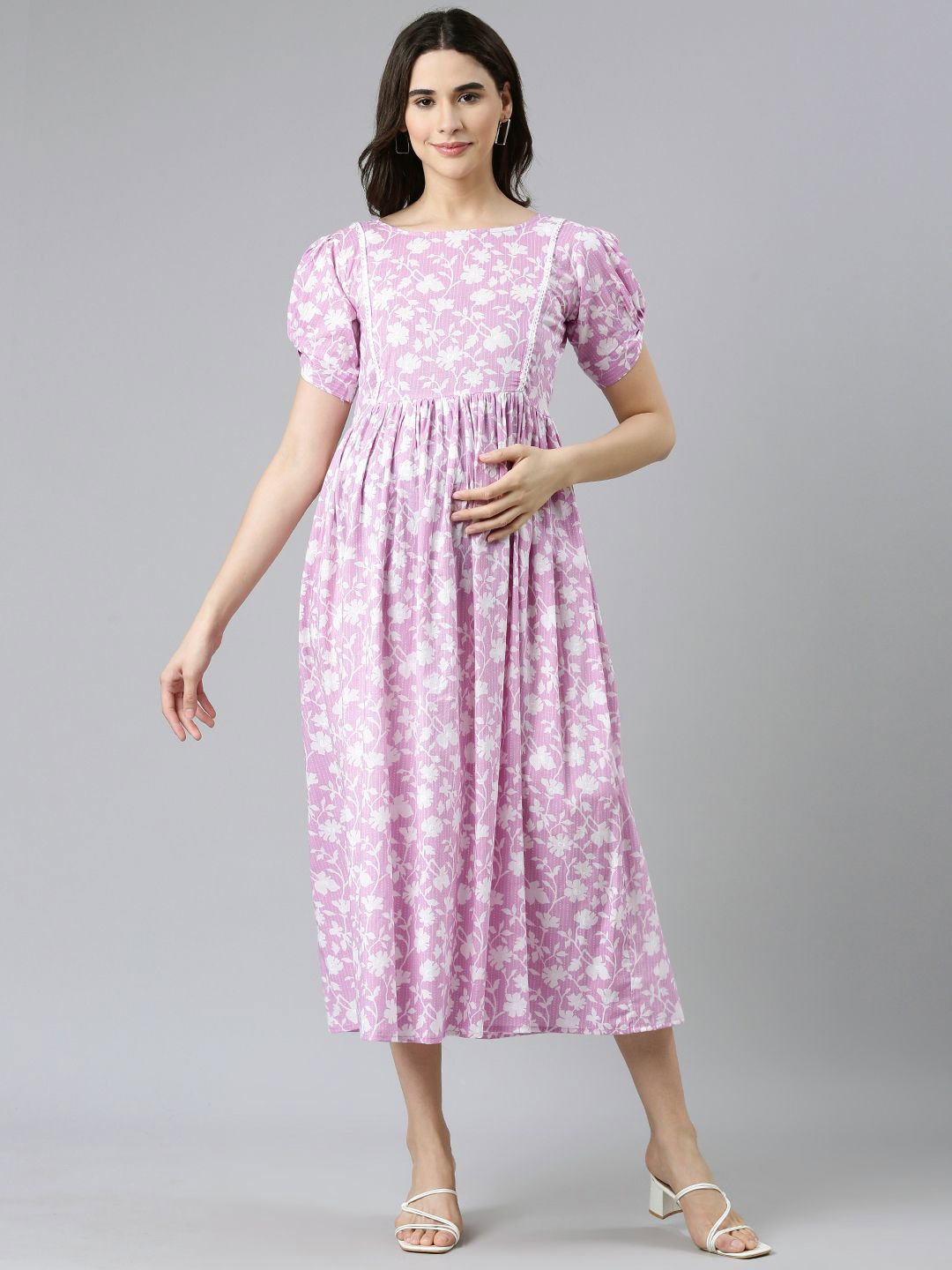 

Swishchick Printed Puff Sleeve Maternity Fit & Flare Midi Dress, Lavender