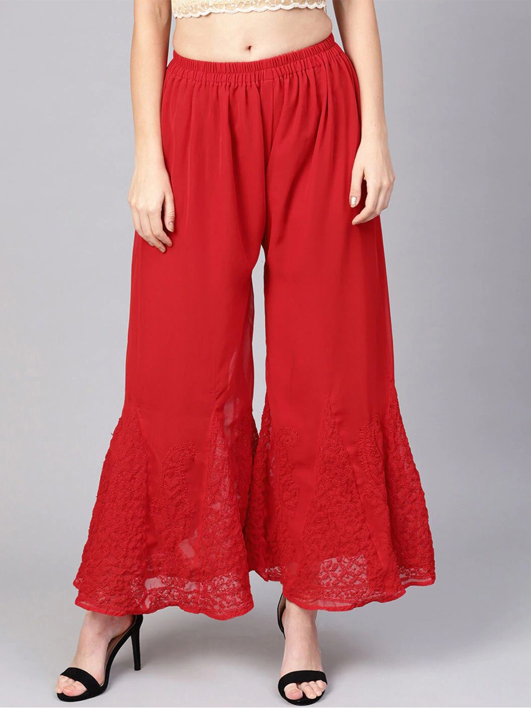 

KHAKA Women Embroidered Flared Palazzos, Red