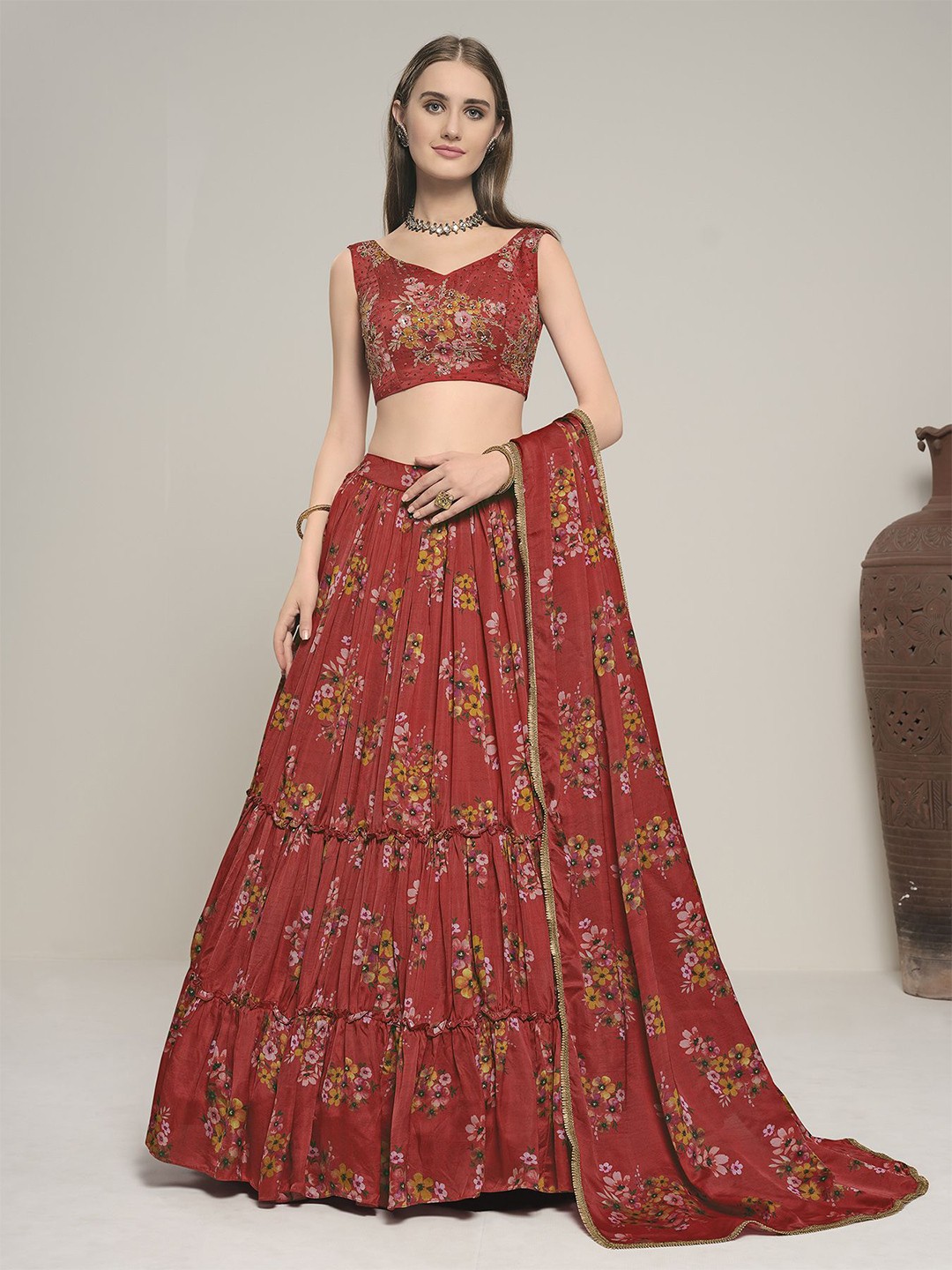

Fusionic Printed Sequinned Silk Semi-Stitched Lehenga & Ready to Wear Blouse With Dupatta, Red