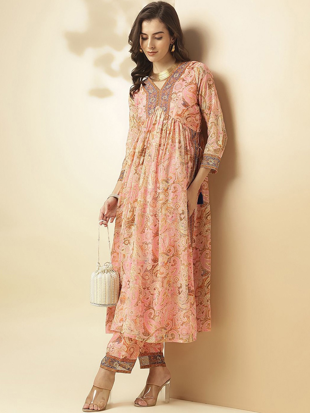 

SANSKAR Paisley Printed Georgette A-Line Kurta With Palazzos, Pink