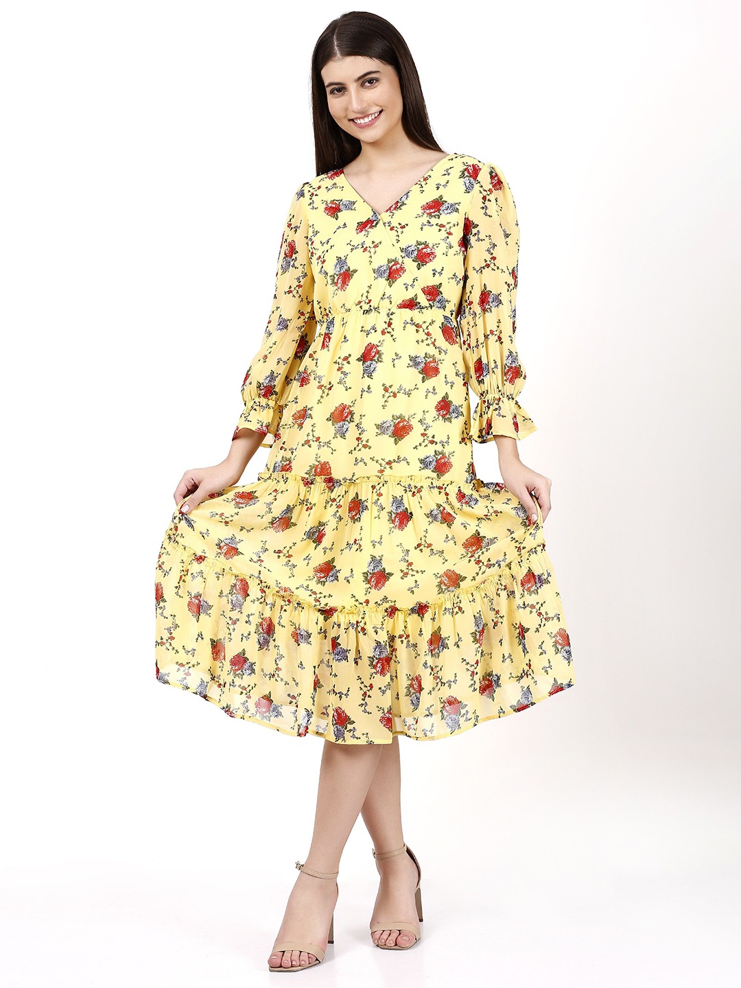 

D 'VESH Floral Printed Bell Sleeves Fit and Flare Midi Dress, Yellow