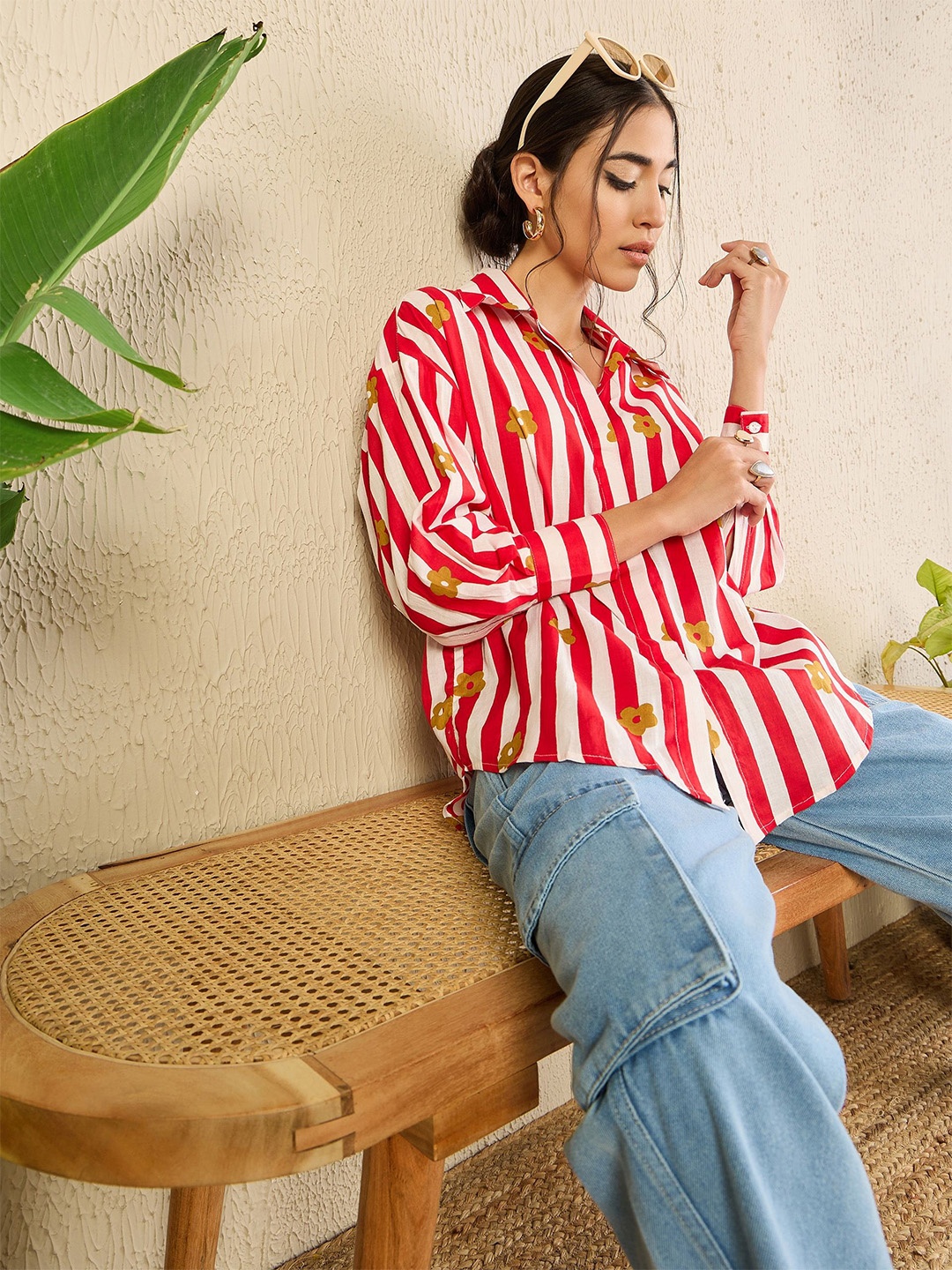 

Uptownie Printed Asymmetrical Cotton Shirt, Red