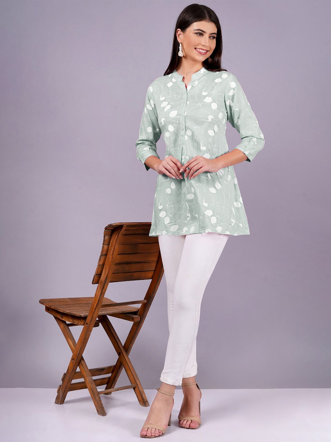 

KALINI Women Floral Printed Mandarin Collar Shirt Style Top, Green