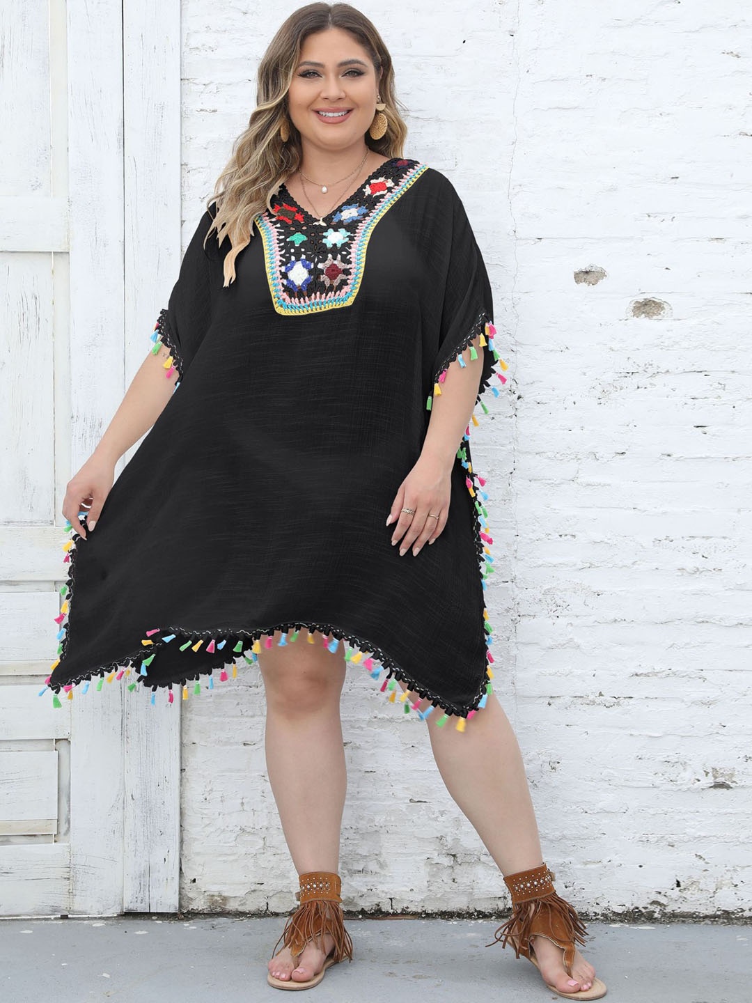 

LULU & SKY Self Design Swimwear Coverup Top, Black