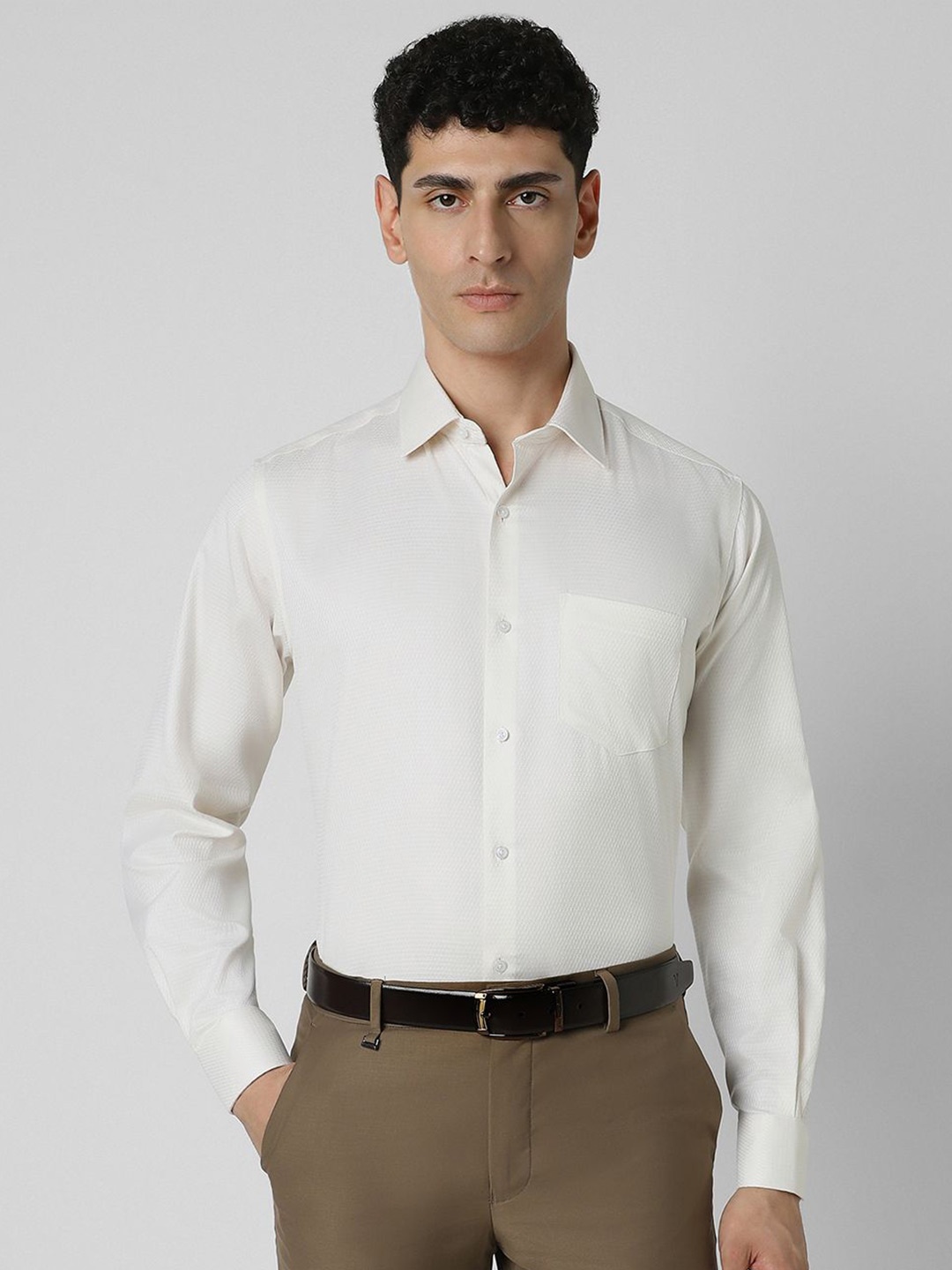 

Van Heusen Men Spread Collar Textured Printed Cotton Party Shirt, Cream
