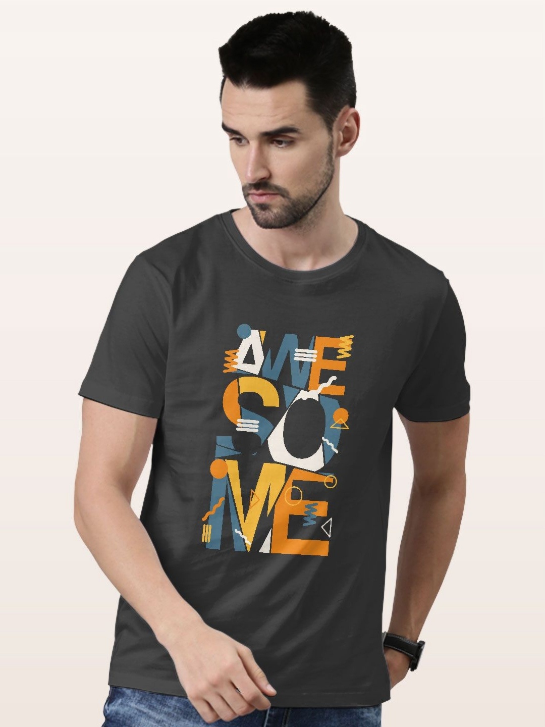 

macmerise Men Printed Applique T-shirt, Grey
