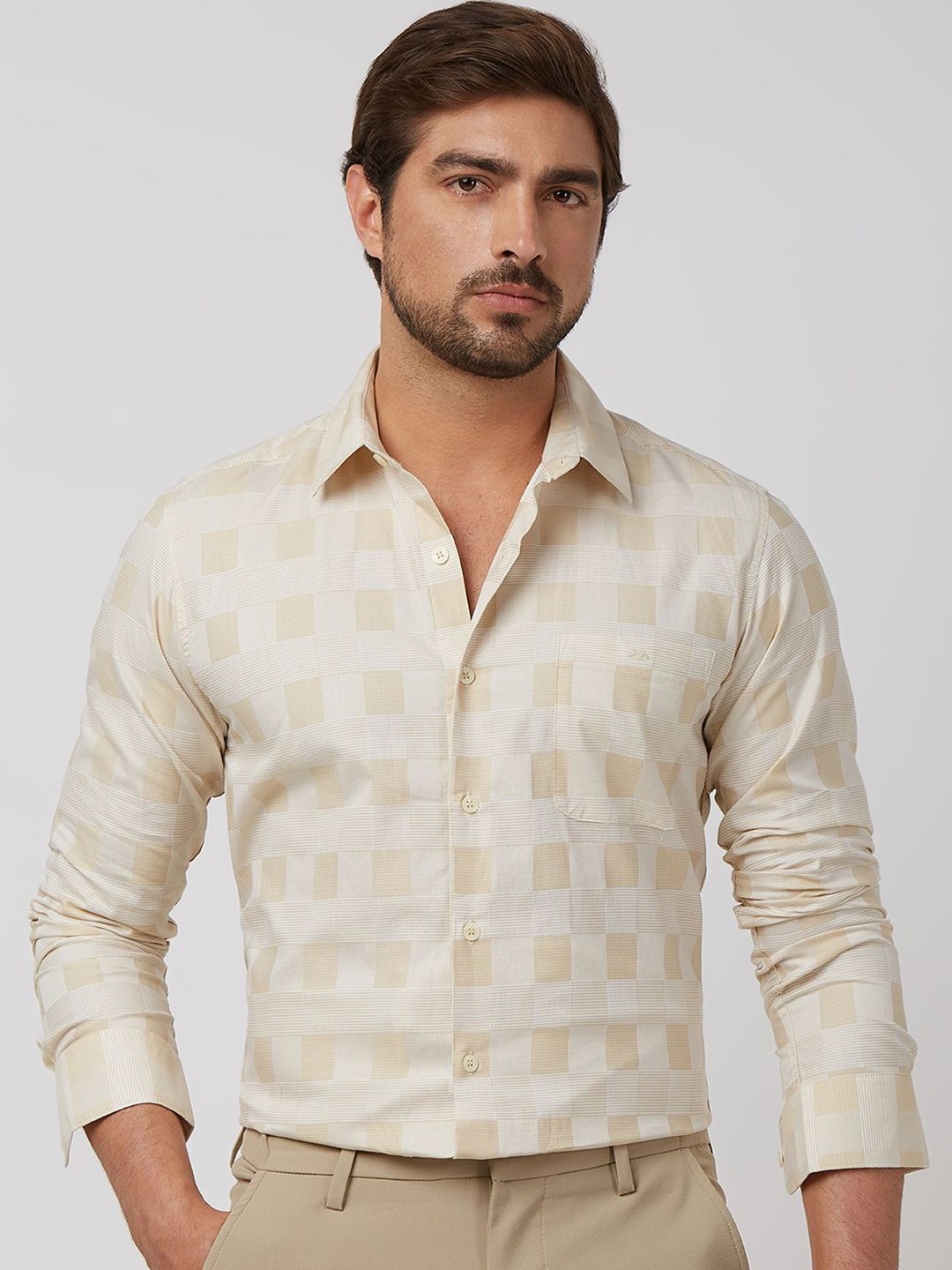 

Mufti Men Spread Collar Checked Cotton Slim Fit Casual Shirt, Beige