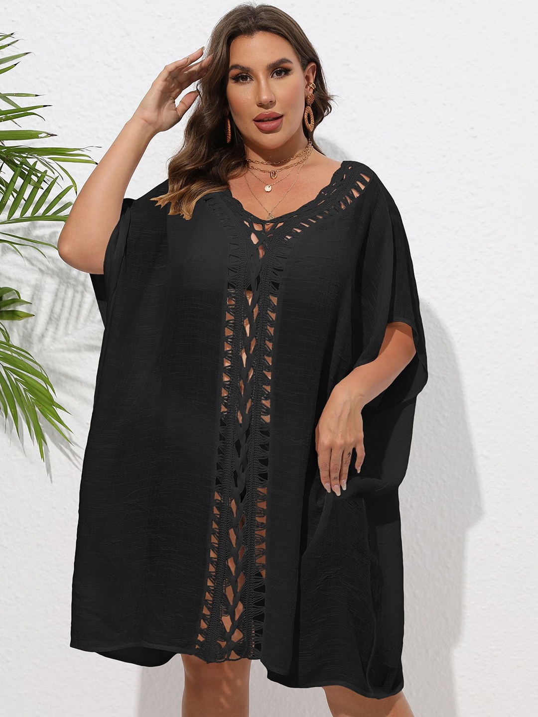 

LULU & SKY Macrame-Knit Detail Plus Size Knee-Length Swimwear Cover up Top, Black