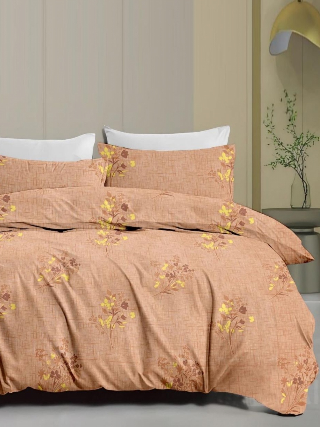 

Signature Peach-Coloured & Yellow Floral 160 TC Queen Bedsheet with 2 Pillow Covers