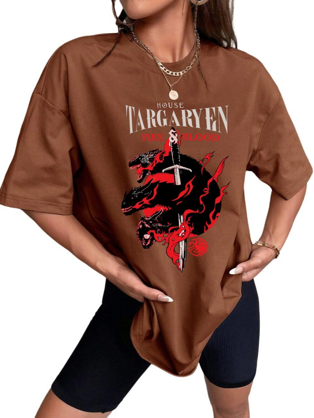 

TABADTOD Women Graphic Printed Oversized T-shirt, Brown