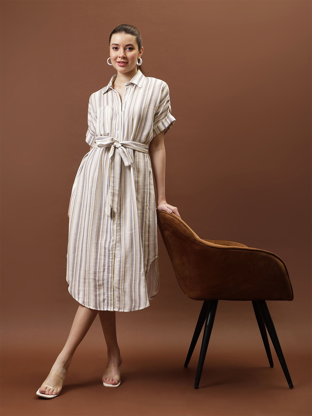 

Athena Immutable Striped Formal Shirt Midi Dress, White