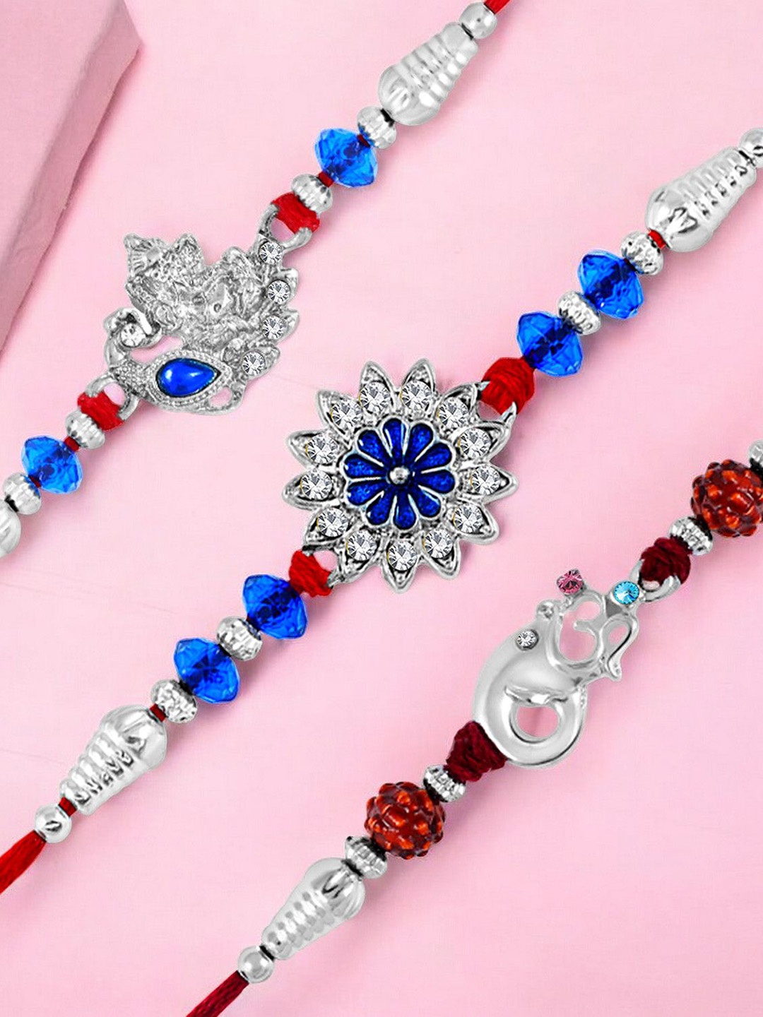 

Okos Set of 3 Rhodium Plated Beaded Thread Rakhis, Silver