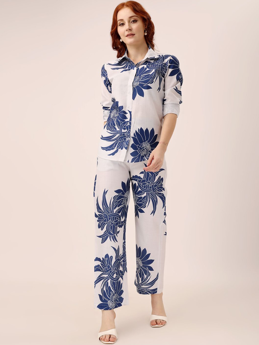 

shriez Printed Shirt Collar Shirt With Trousers, Blue