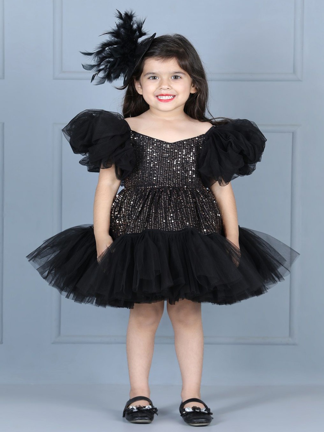 

THE LITTLE CELEBS Girls Sequined Puff Sleeve Net Fit and Flare Dress, Black