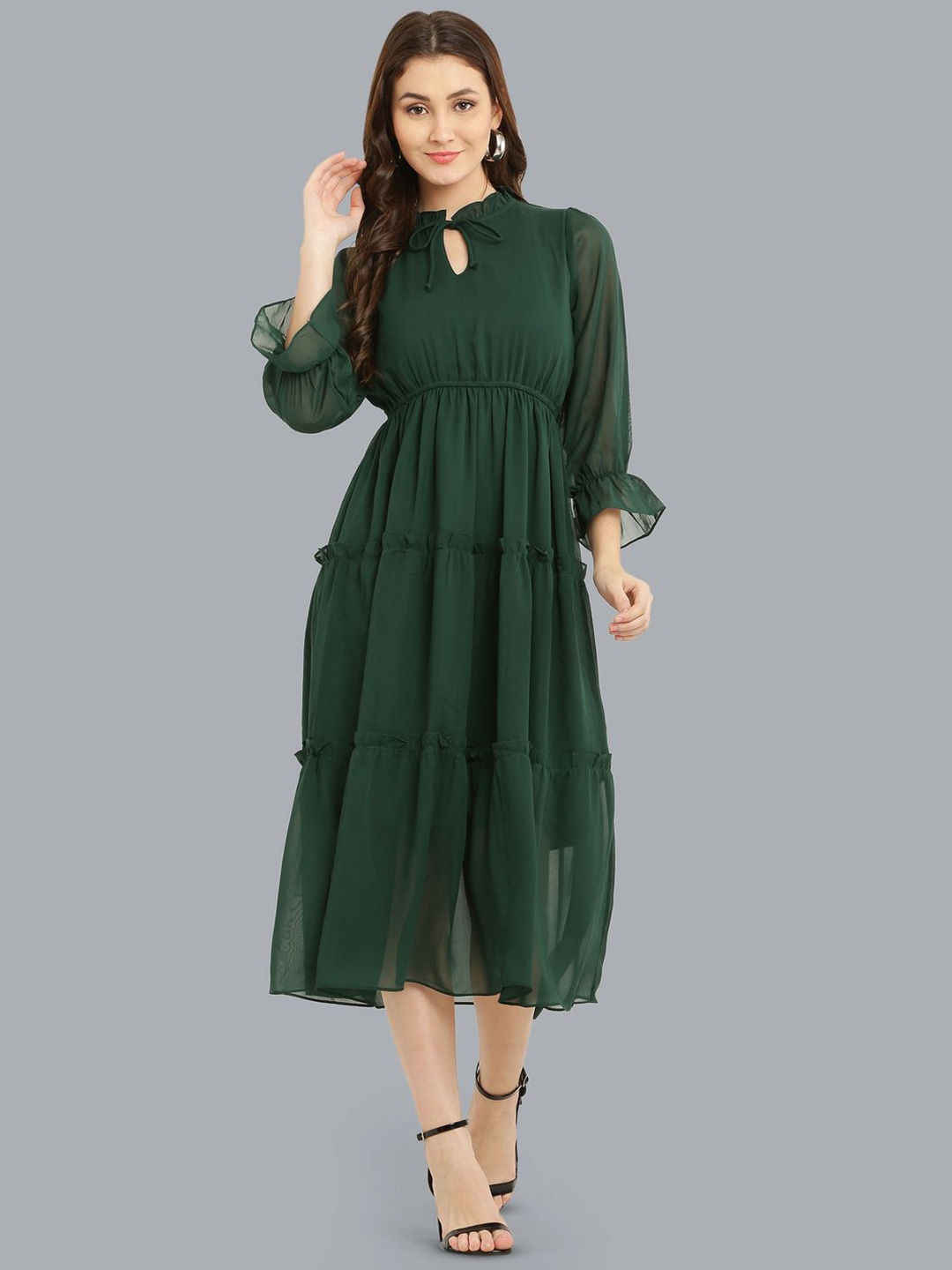 

Absorbing Tie-Up Neck Puff Sleeve Georgette Empire Midi Dress, Green
