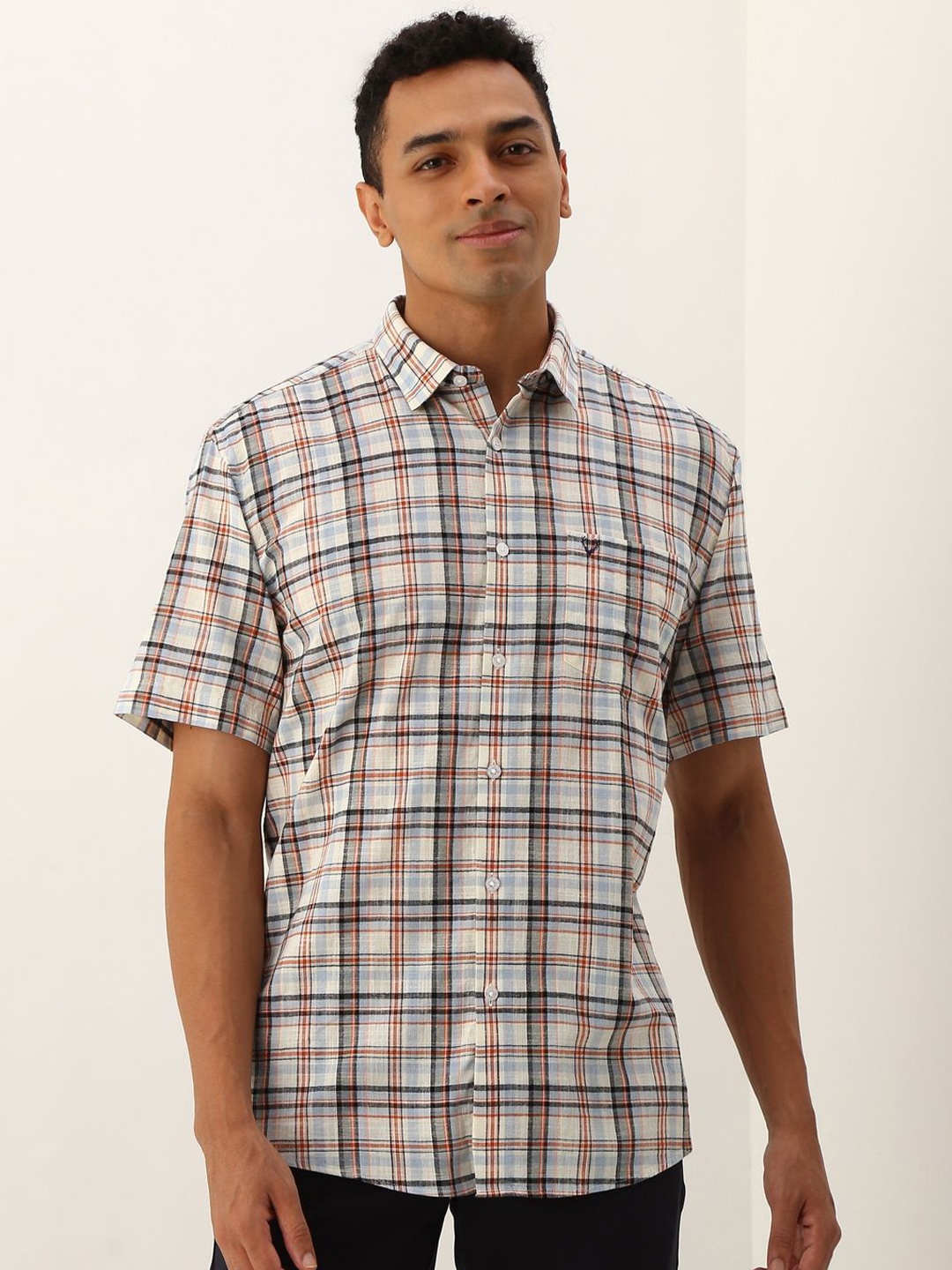 

Allen Solly Men Spread Collar Tartan Checked Cotton Slim Fit Casual Shirt, Cream