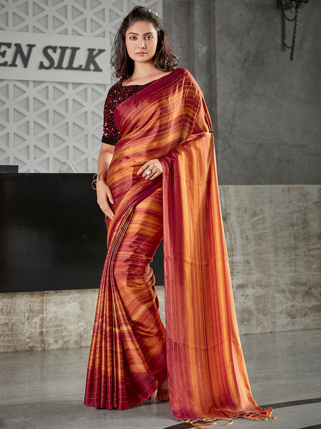 

KALINI Striped Sequinned Saree, Rust