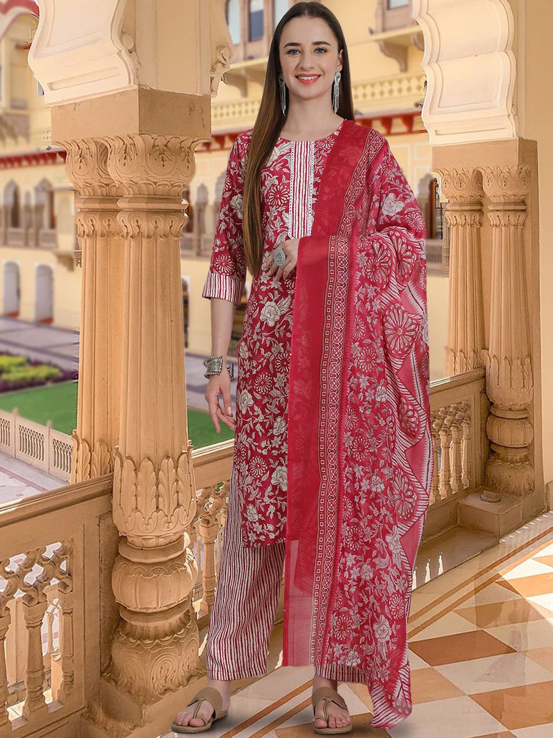 

Ethnic basket Floral Printed Pure Cotton Straight Kurta With Trousers & Dupatta, Pink