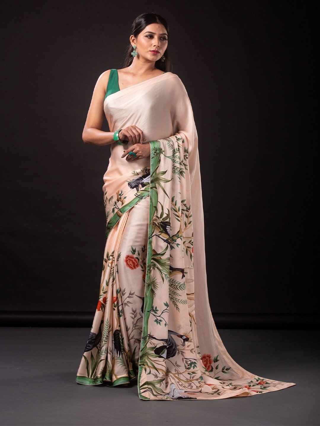 

IZU Floral Satin Block Print Saree, Pink