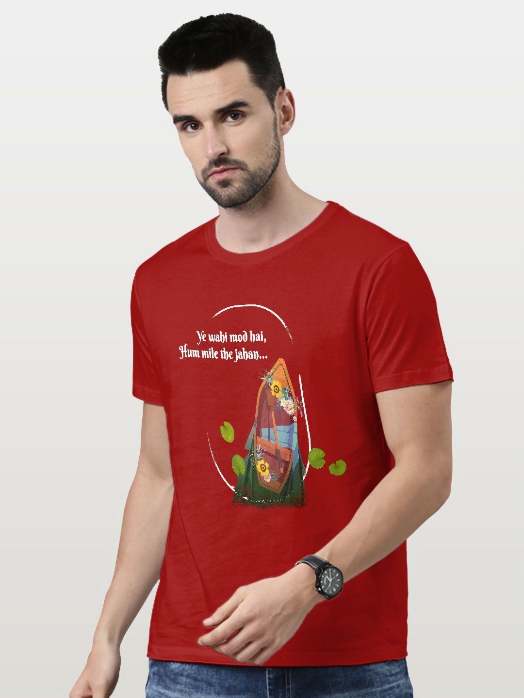 

macmerise Men Typography Printed Applique T-shirt, Red