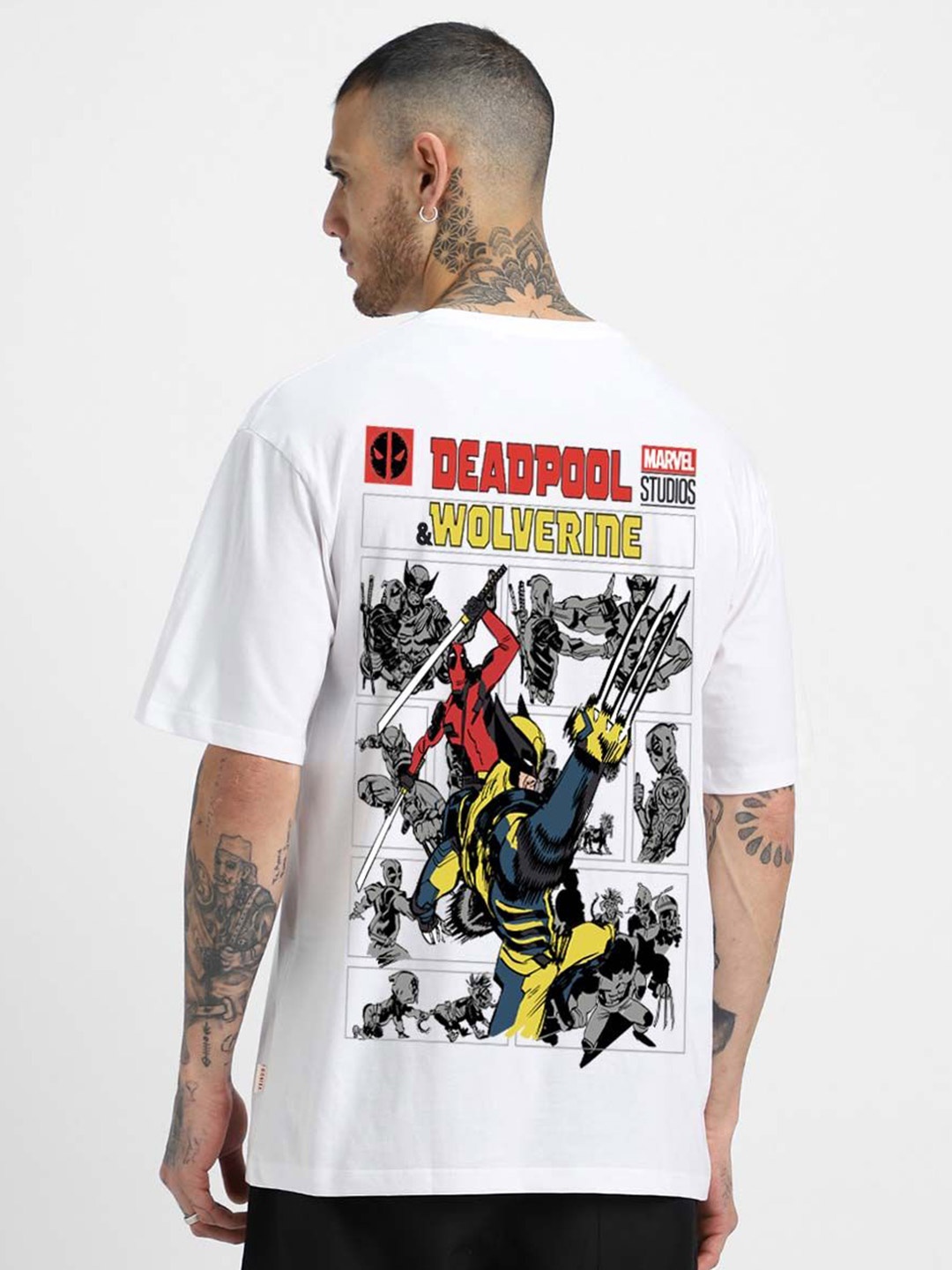 

VEIRDO Marvel Men Deadpool Graphic Printed Pure Cotton Oversized T-shirt, White