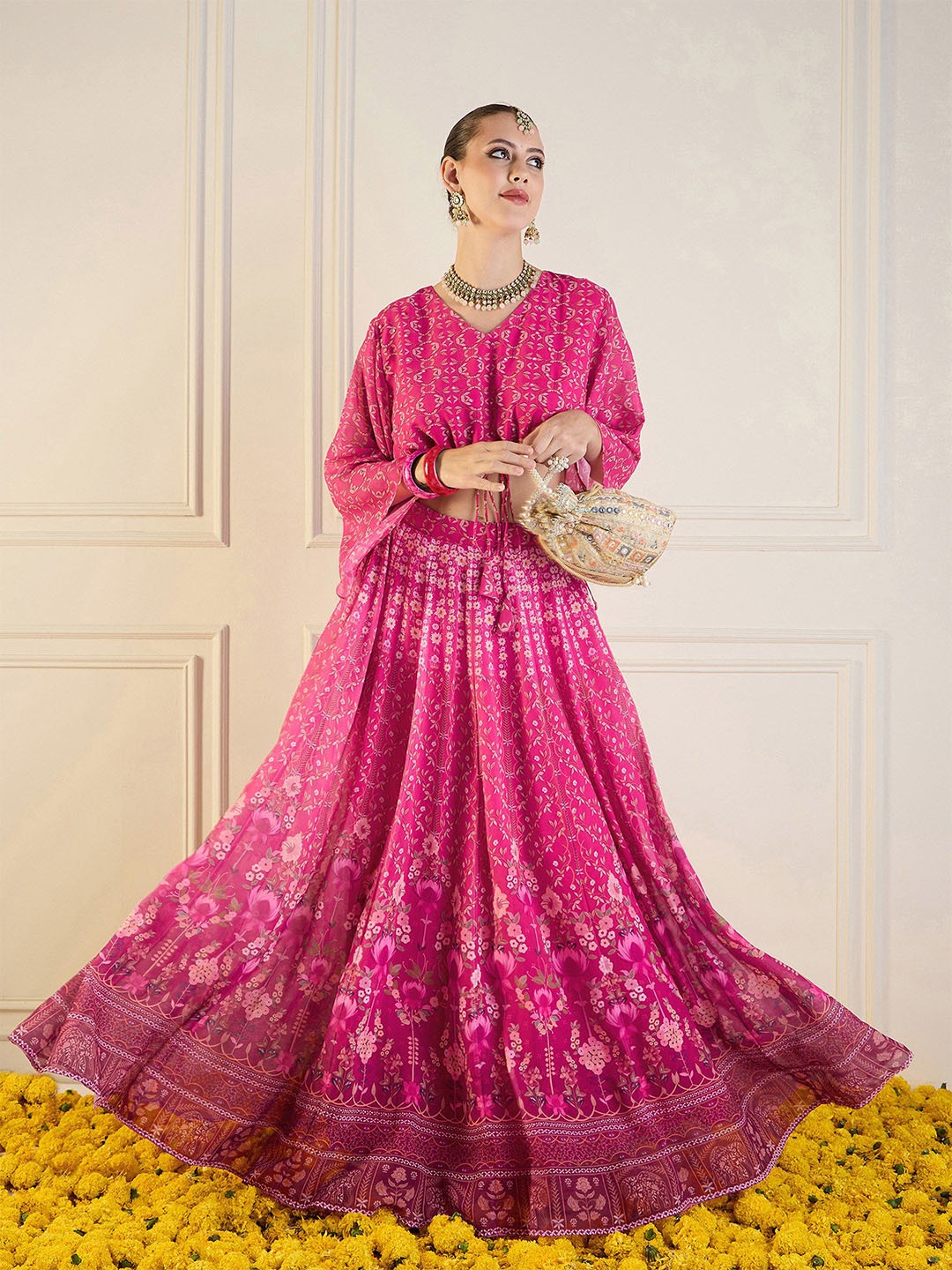 

Shae by SASSAFRAS Printed Flared Sleeves Ready to Wear Lehenga & Choli, Pink