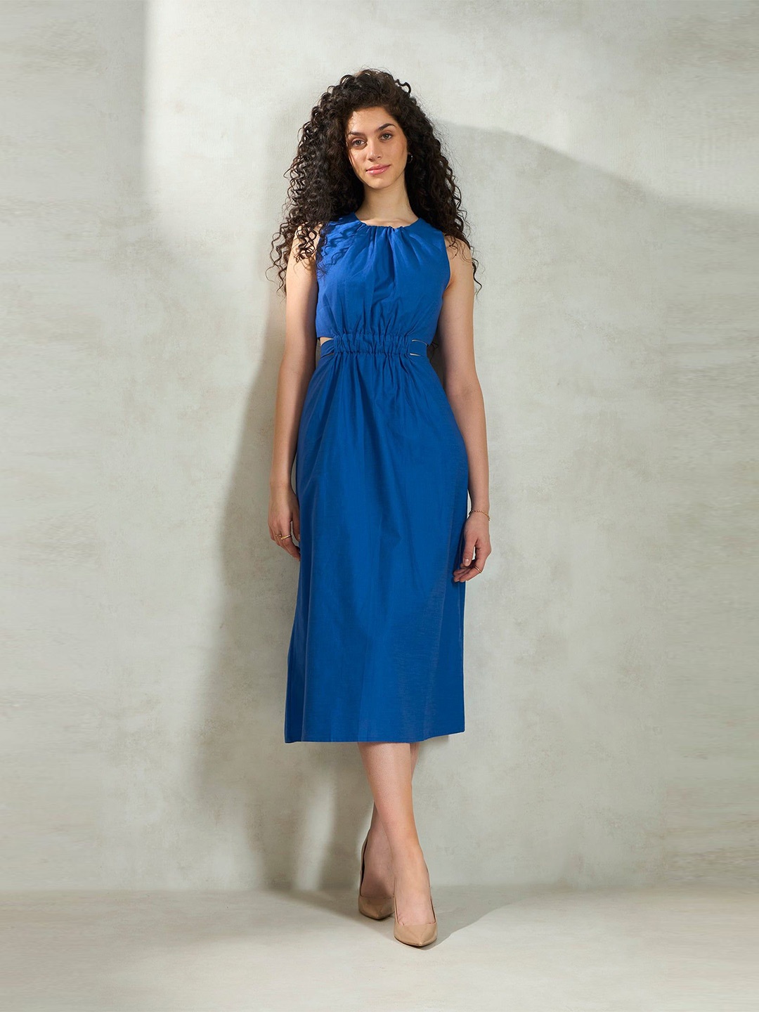 

Virgio Women Cotton Round Neck Midi Length Solid Dress, Blue