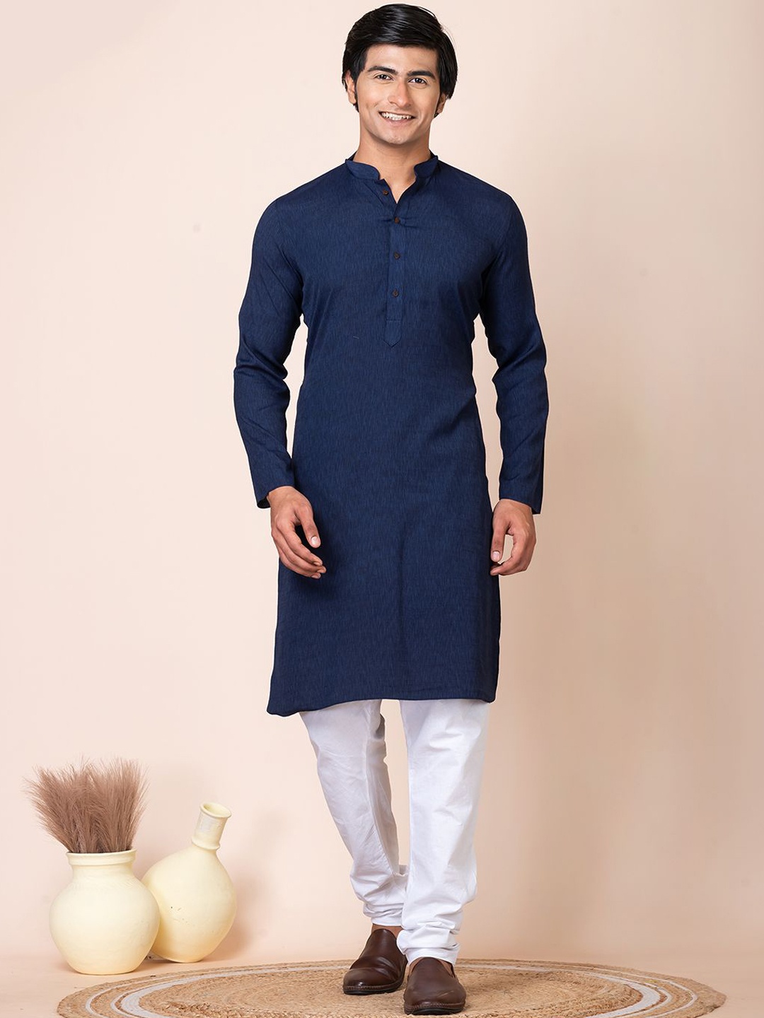 

HU - Handcrafted Uniquely Woven Design Mandarin Collar Straight Kurta, Navy blue
