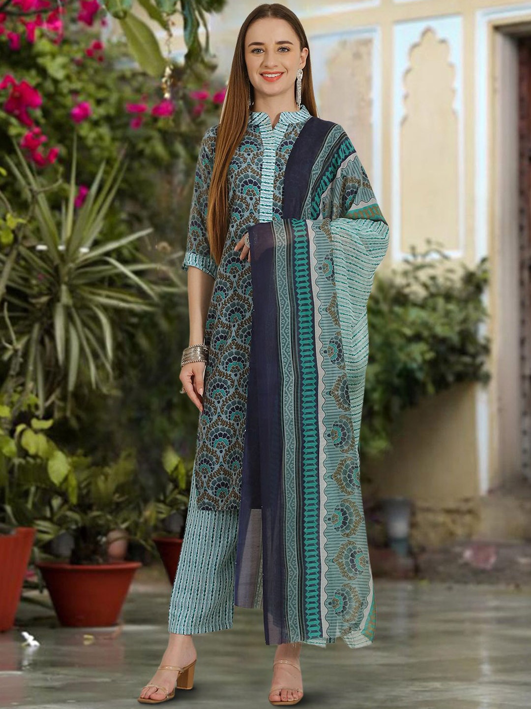 

Ethnic basket Floral Printed Band Collar Pure Cotton Kurta with Trousers & Dupatta, Teal