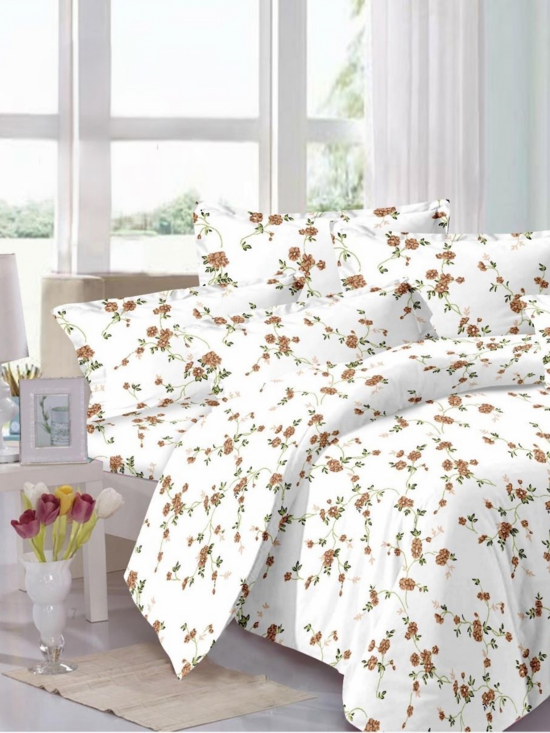 

Signature White & Brown Floral Cotton 4 Piece Double Queen Fine Bedding Set
