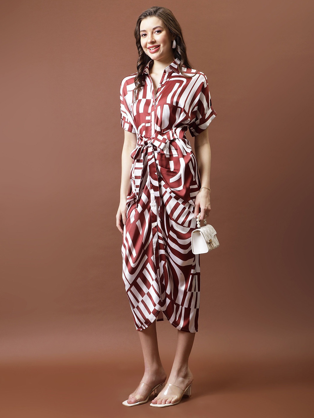 

Athena Printed Satin Shirt Collar Shirt Midi Dress, Brown