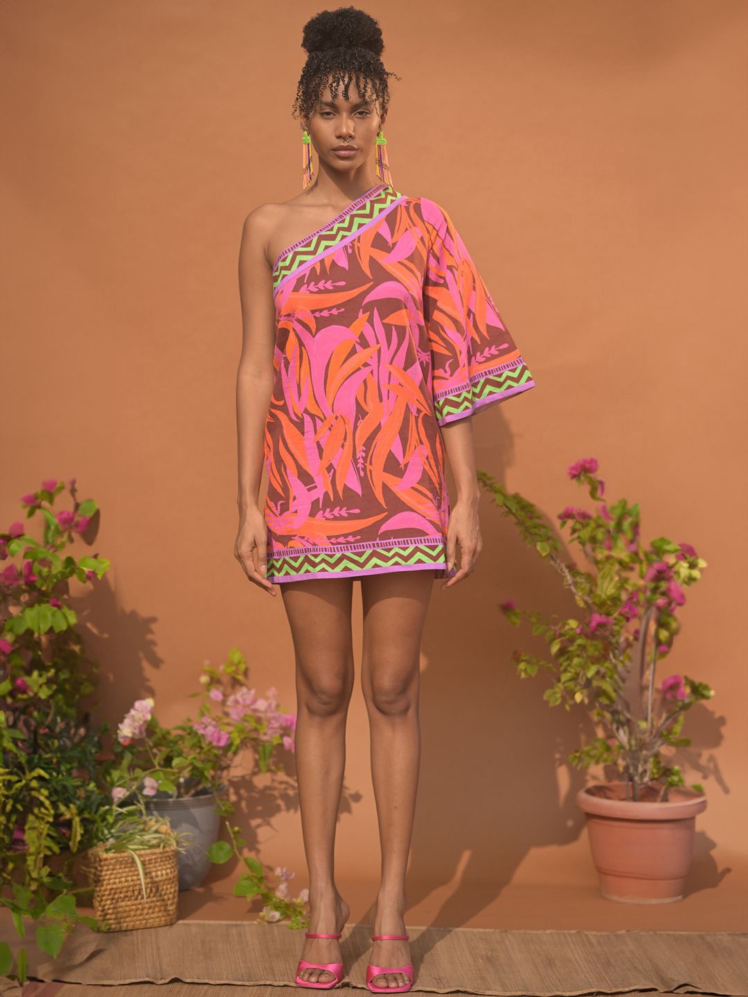 

GUAPA Printed One Shoulder Linen A-Line Mini Dress, Brown