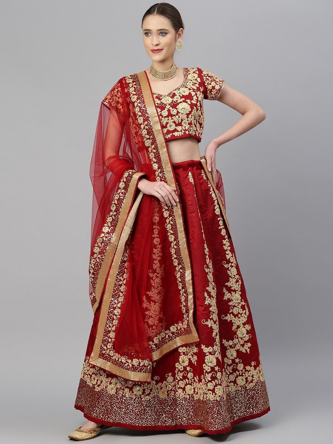 

FABPIXEL Embroidered Sequinned Semi-Stitched Lehenga & Unstitched Blouse With Dupatta, Maroon