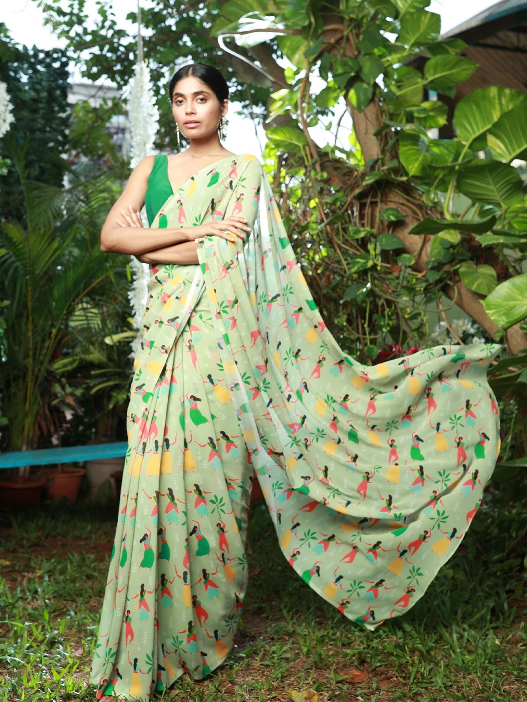 

IZU Pure Georgette Block Print Saree, Green