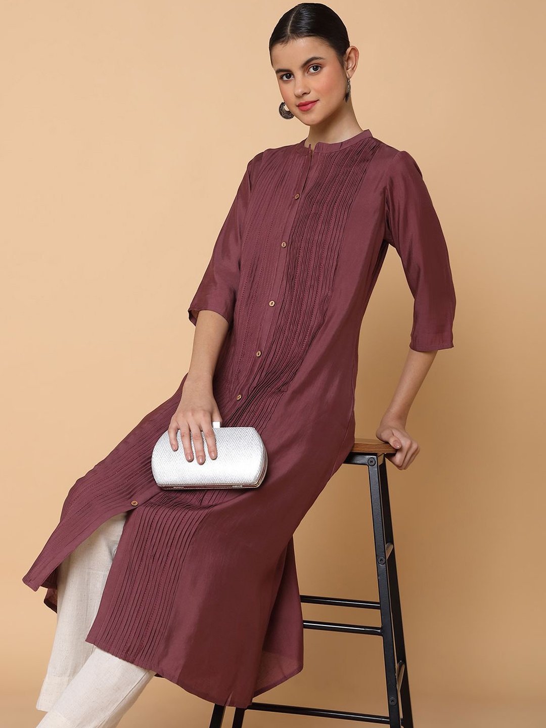 

SHOWOFF Mandarin Collar A-Line Kurta, Maroon
