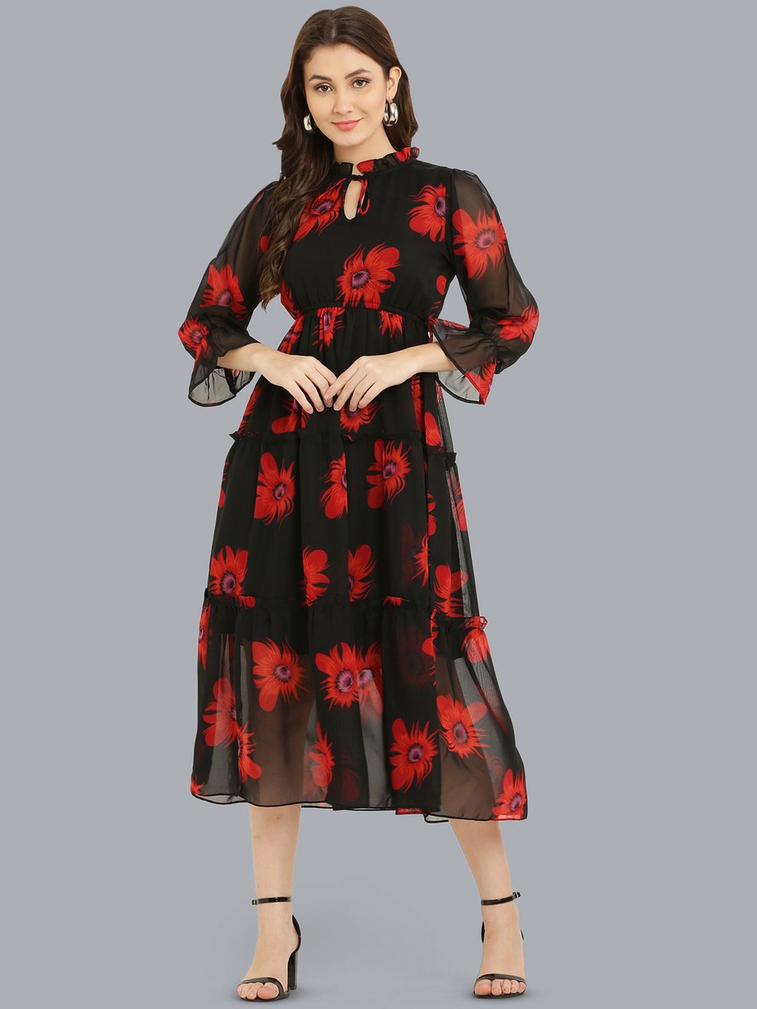 

Absorbing Floral Printed Tie-Up Neck Bell Sleeve Georgette Empire Midi Dress, Red