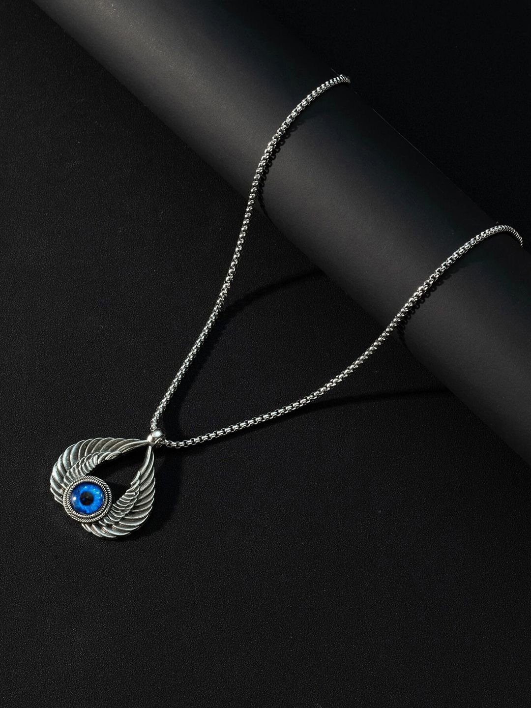 

KRENOZ Men Silver-Plated Stainless Steel Stone Studded Pendant With Chain