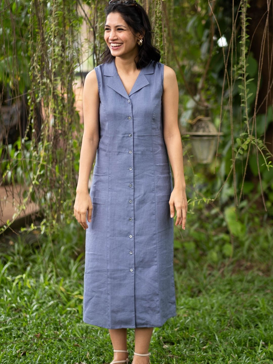 

Creatures of Habit Women Linen Notch Collar Dress, Blue